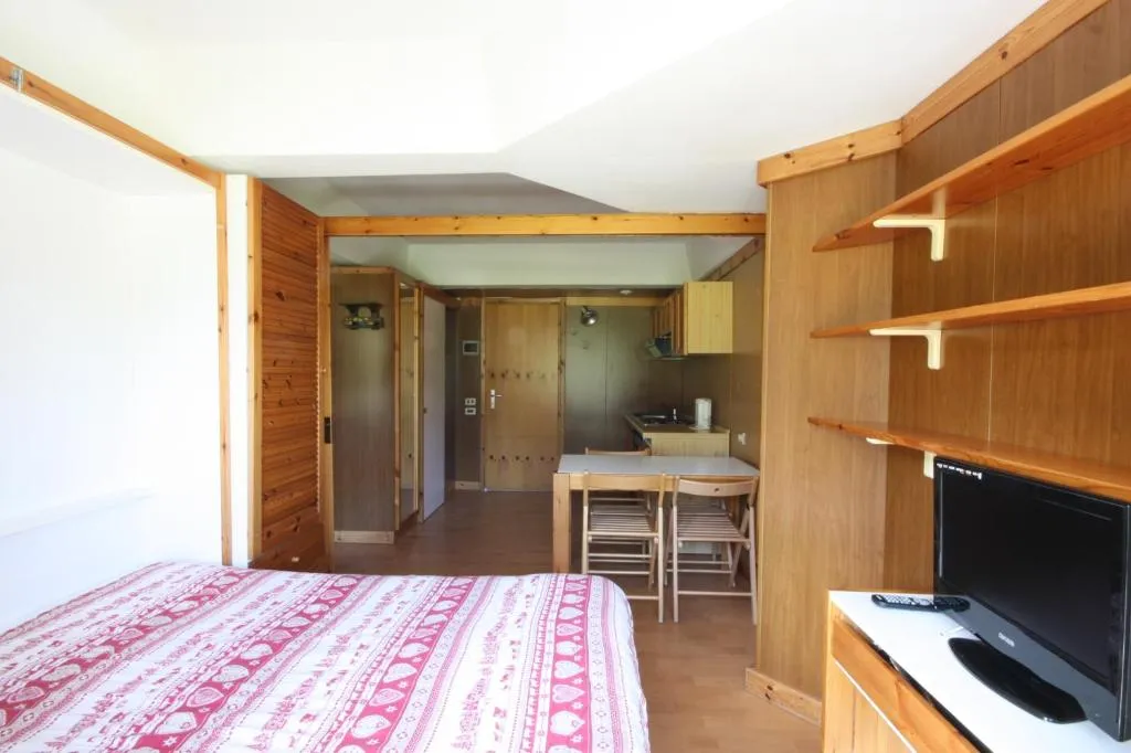 Monolocale con letto matrimoniale, TV, cucina e zona pranzo in legno